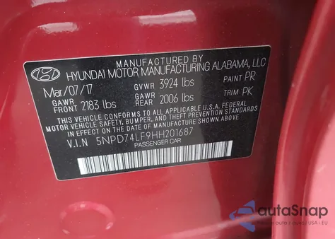 2017 Hyundai Elantra Se из США, поврежденный, VIN 5NPD74LF9HH201687